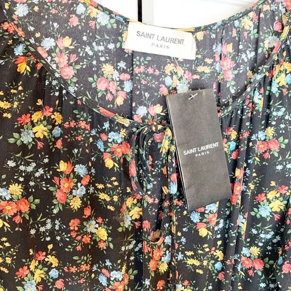Saint Laurent Bouquet-Print Peasant Midi Dress, Black Pattern Women’s Sz Small S - Picture 11 of 16